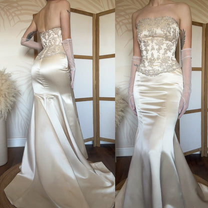 Champagne strapless lace wedding dress uk 12