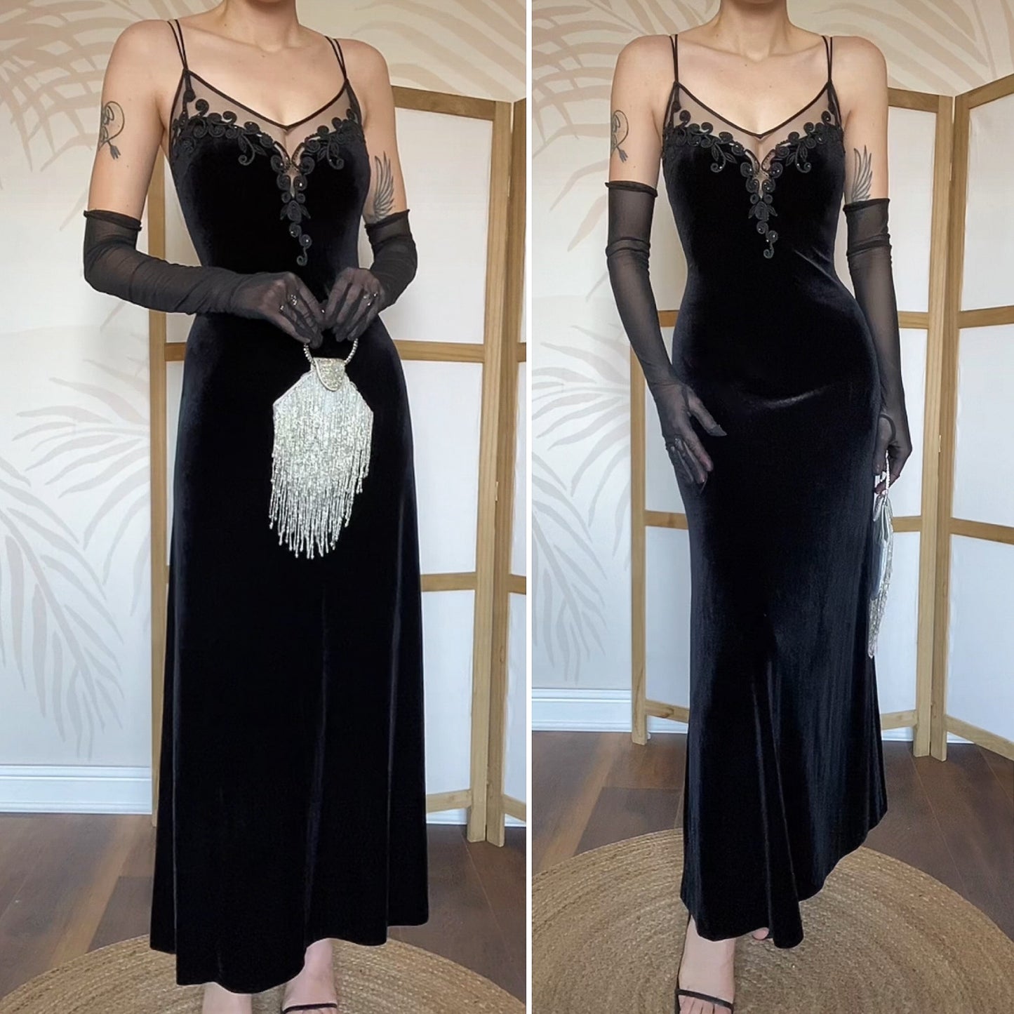 Debut stretch black velvet evening dress UK 14-16