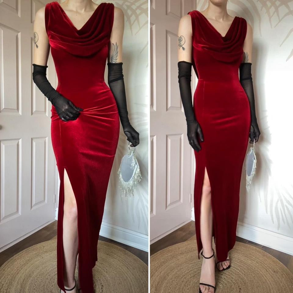 Red velvet stretch evening dress UK 14