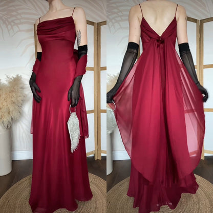 Tiffanys burgundy chiffon evening dress & shawl uk 14
