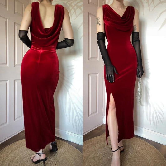 Red velvet stretch evening dress UK 14