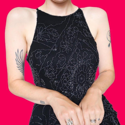 Black heavily beaded evening dress UK 12