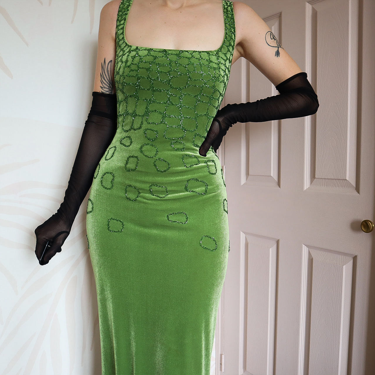Frank Usher Silk Blend Green Velvet Evening Dress UK 12-14