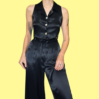 Silky black 2 piece top & trouser set UK 8-10p