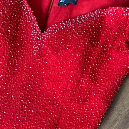 Red 100% silk beaded off the shoulder gown & shawl uk 10