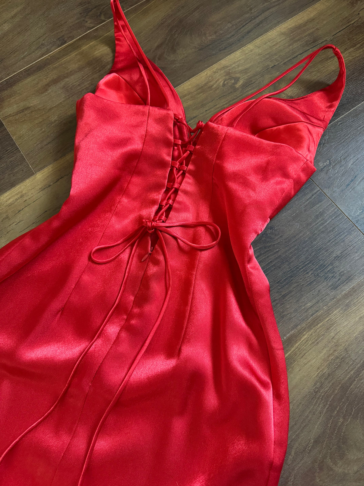 Red satin lace back evening dress uk 8-10