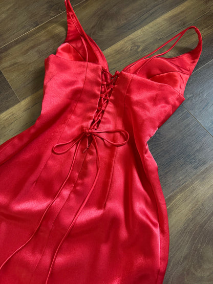 Red satin lace back evening dress uk 8-10
