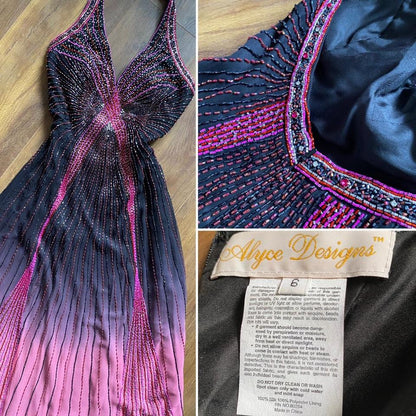 100% silk pink ombré halter neck evening dress uk 8