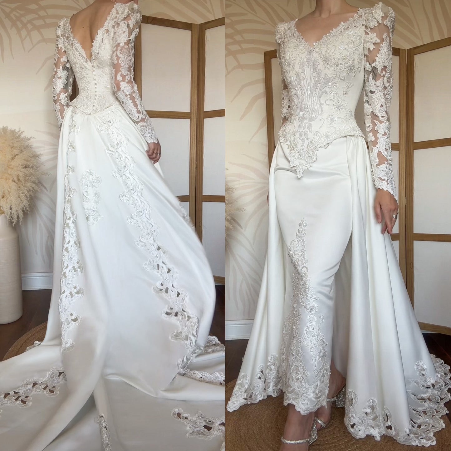 Long sleeve ivory lace wedding dress with detachable train uk 8-10