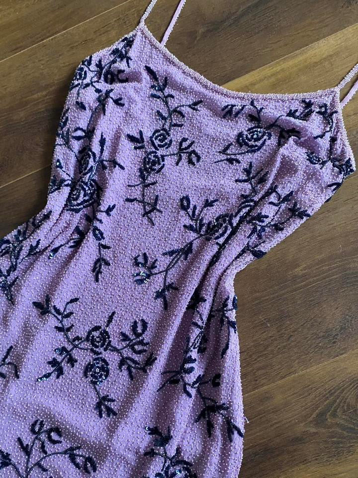 Purple silk beaded floral evening dress UK 14-16