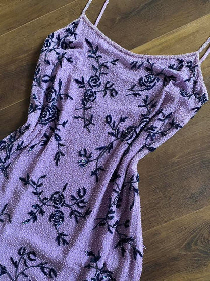 Purple silk beaded floral evening dress UK 14-16
