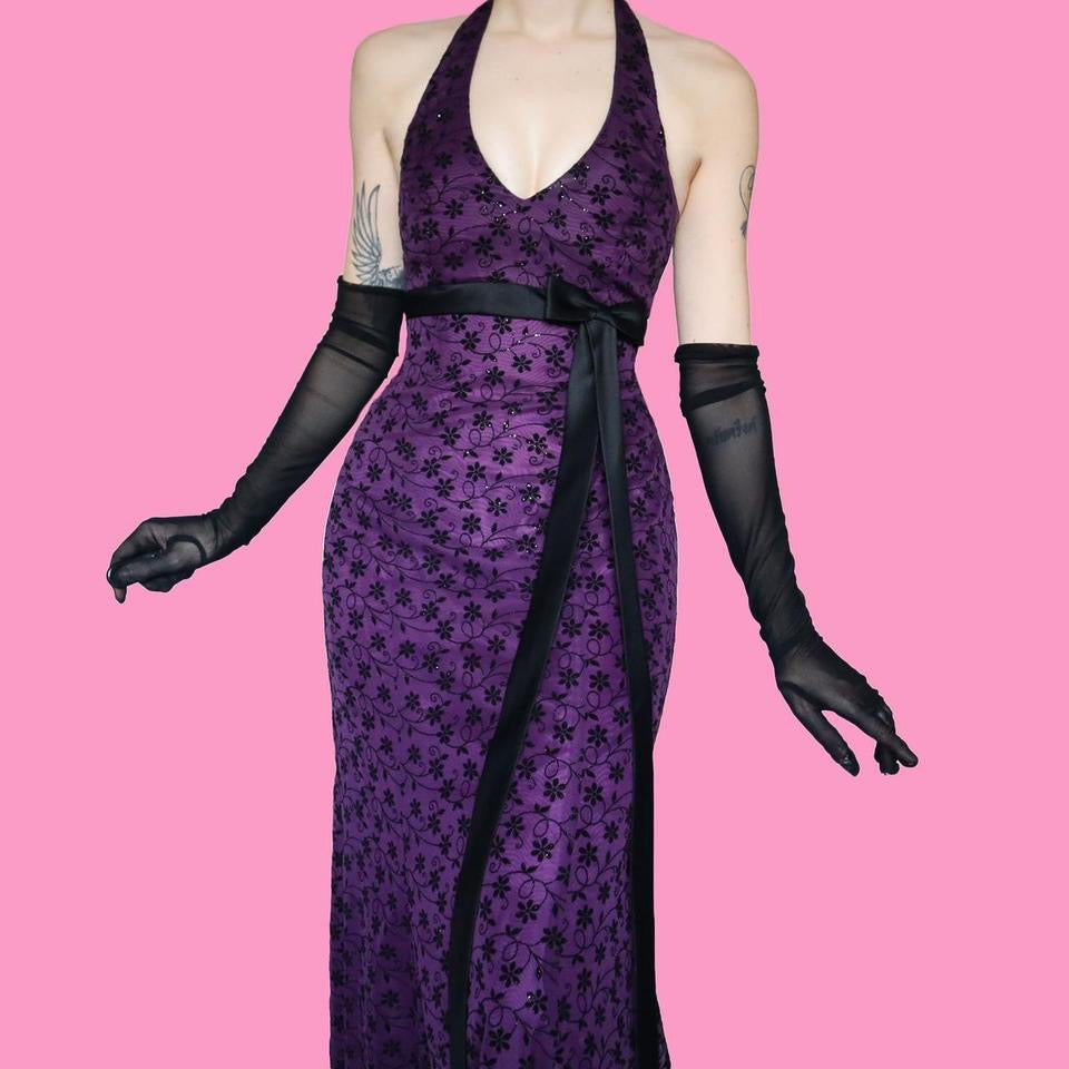 Purple halter-neck floral glittery evening dress UK 10
