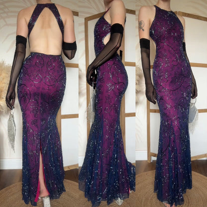 Purple 100% silk beaded evening dress uk 6