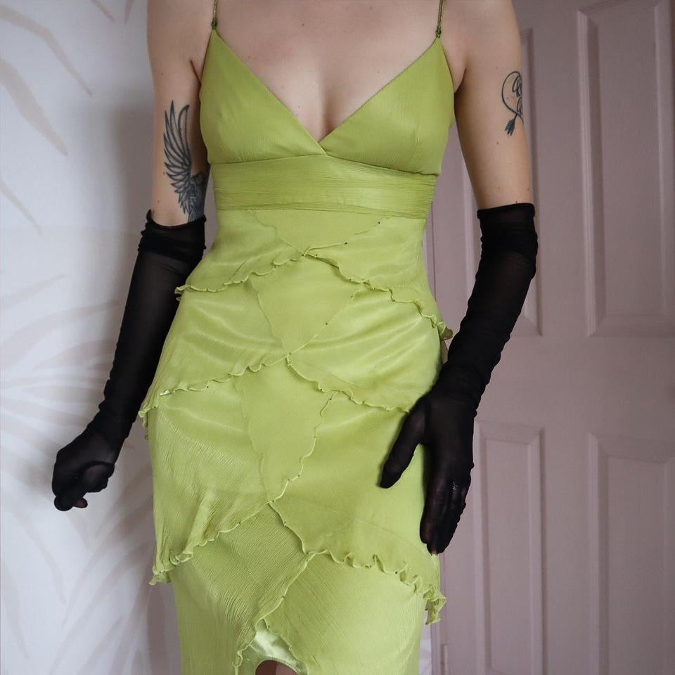 Green 100% silk fairy mini dress UK 12