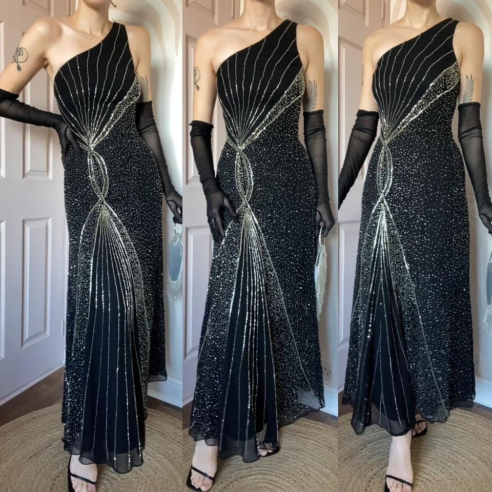 Black one shoulder beaded evening dress UK 12 & UK 16
