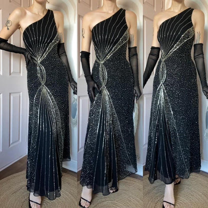 Black one shoulder beaded evening dress UK 12 & UK 16