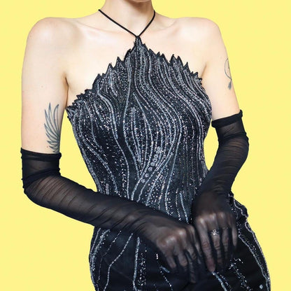 Black beaded 100% silk evening dress UK 16 & UK 8