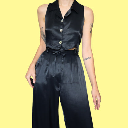 Silky black 2 piece top & trouser set UK 8-10p