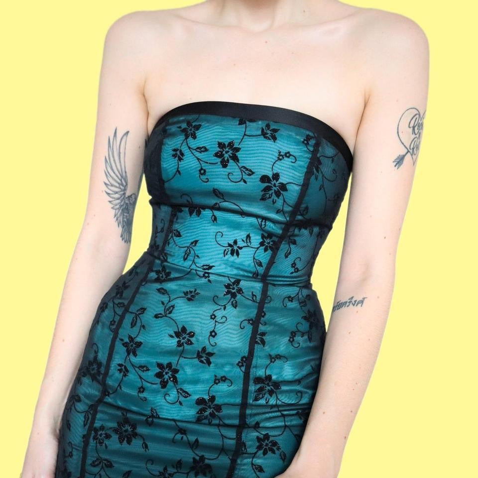 Morgan & Co teal glitter strapless evening dress UK 8-10