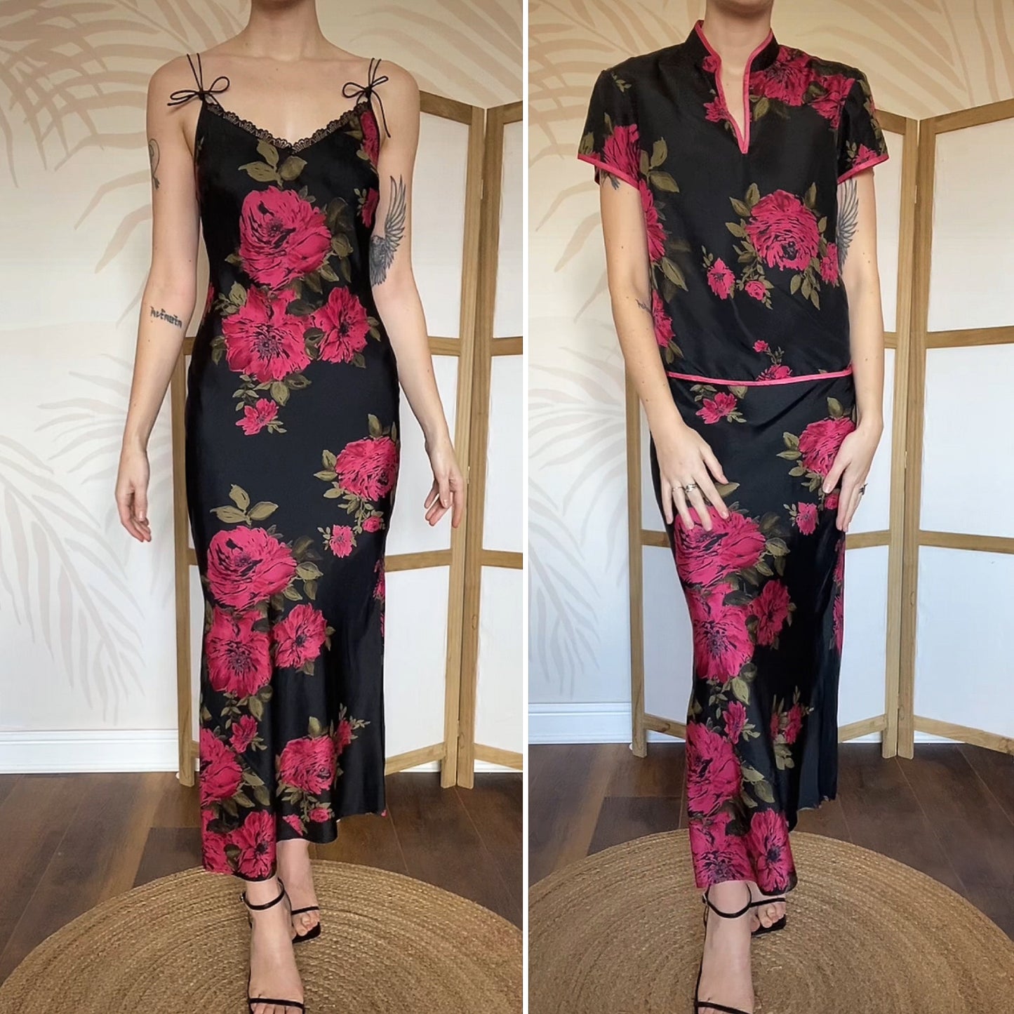 Black Monsoon floral slip dress with matching top UK 8