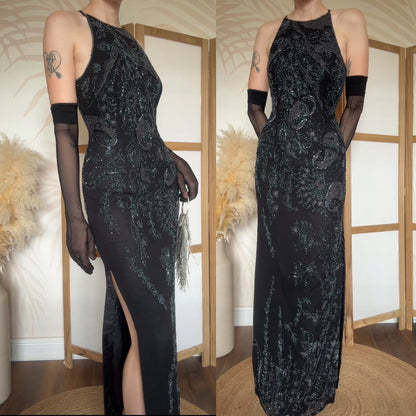 Black beaded open back evening dress uk 10