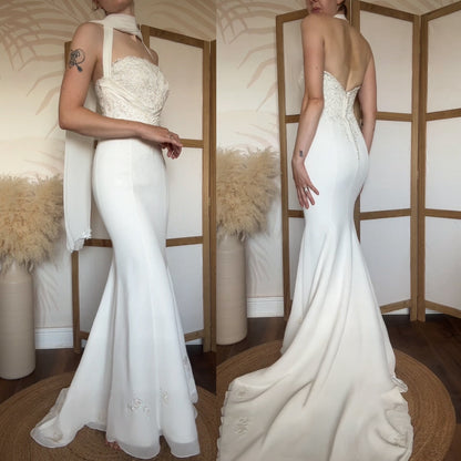 Ivory halter-neck lace wedding dress & shawl uk 8