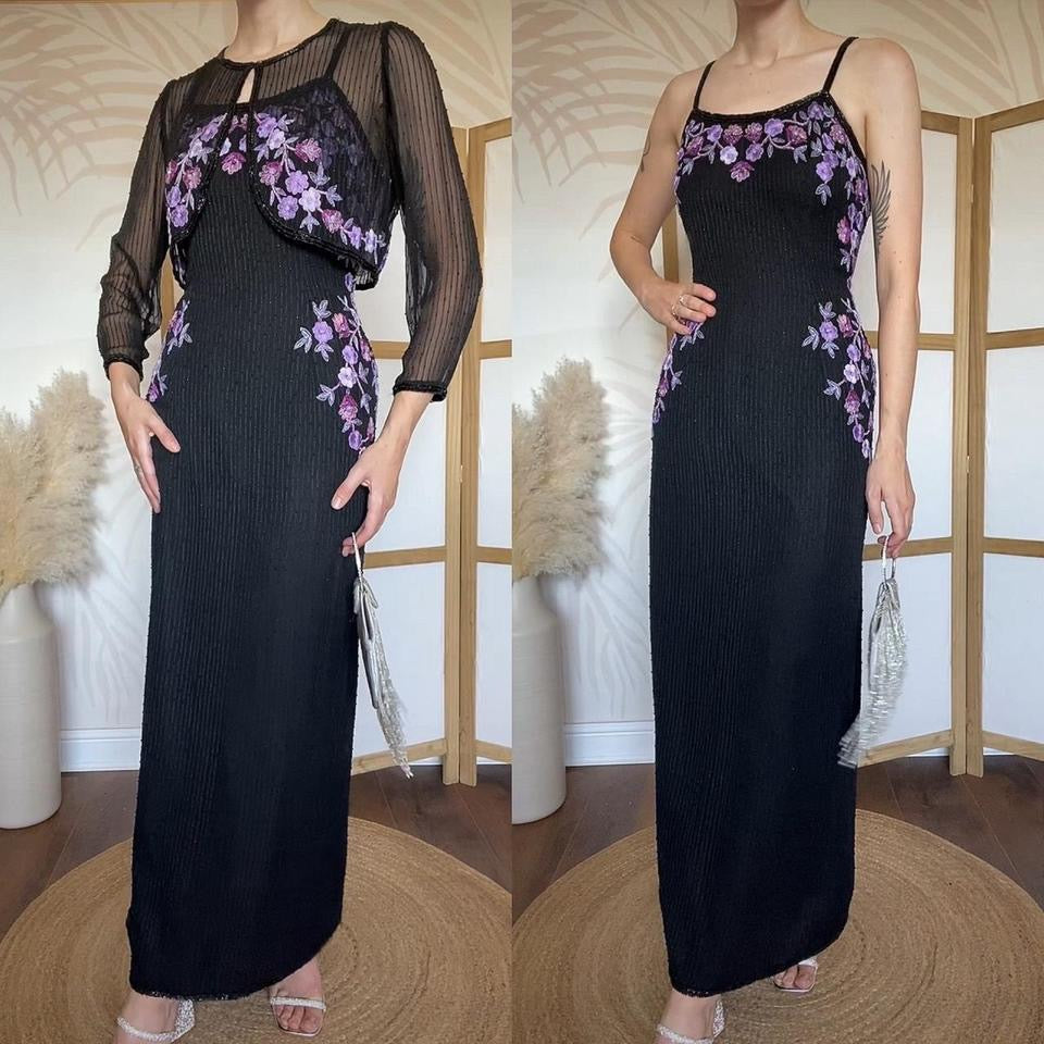 Black & purple silk beaded 2 piece uk 14