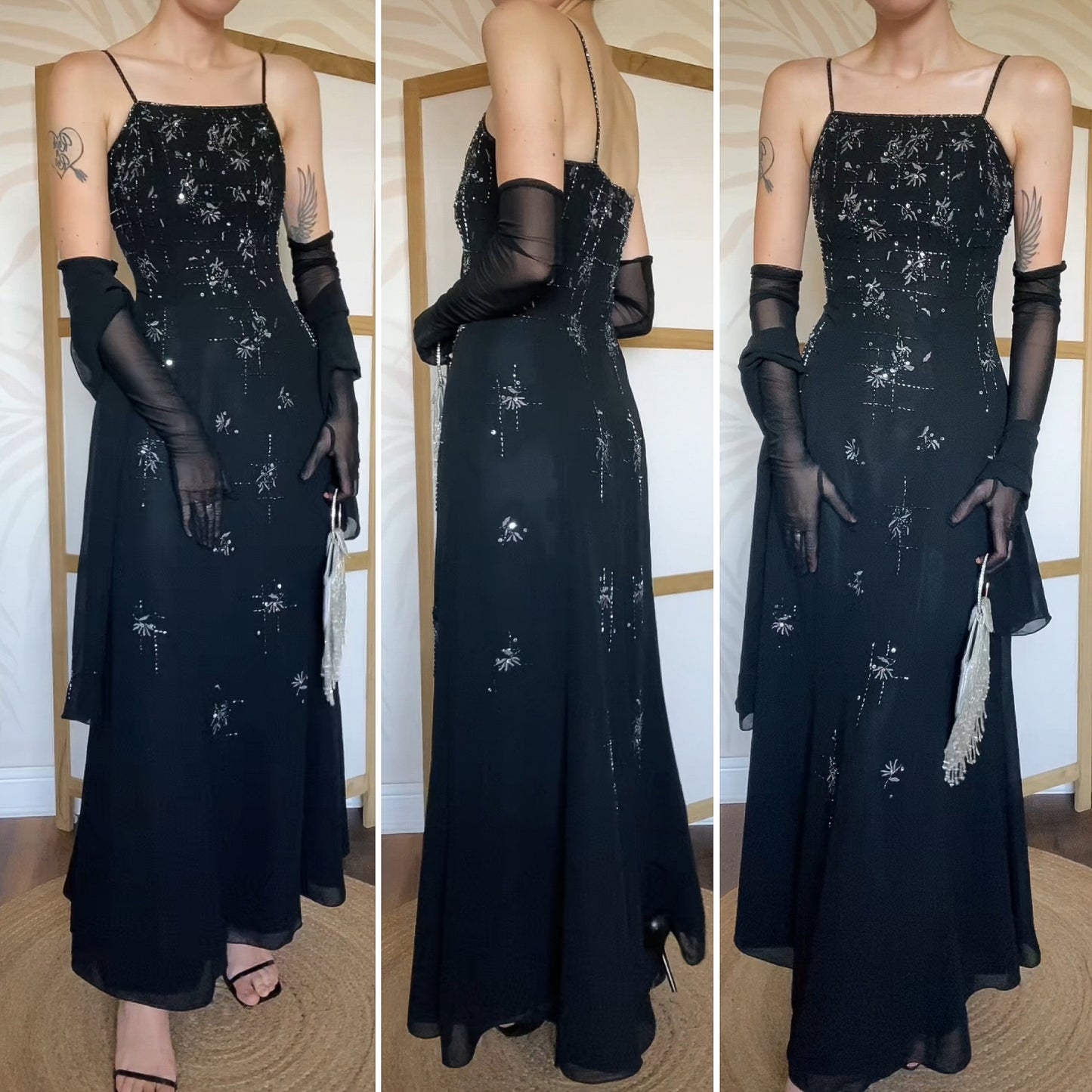 Yve London black beaded evening dress & shawl uk 12