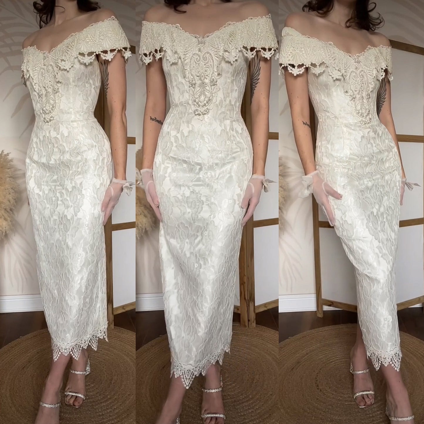 Scott McClintock petite ivory lace cold shoulder wedding dress uk 10-12