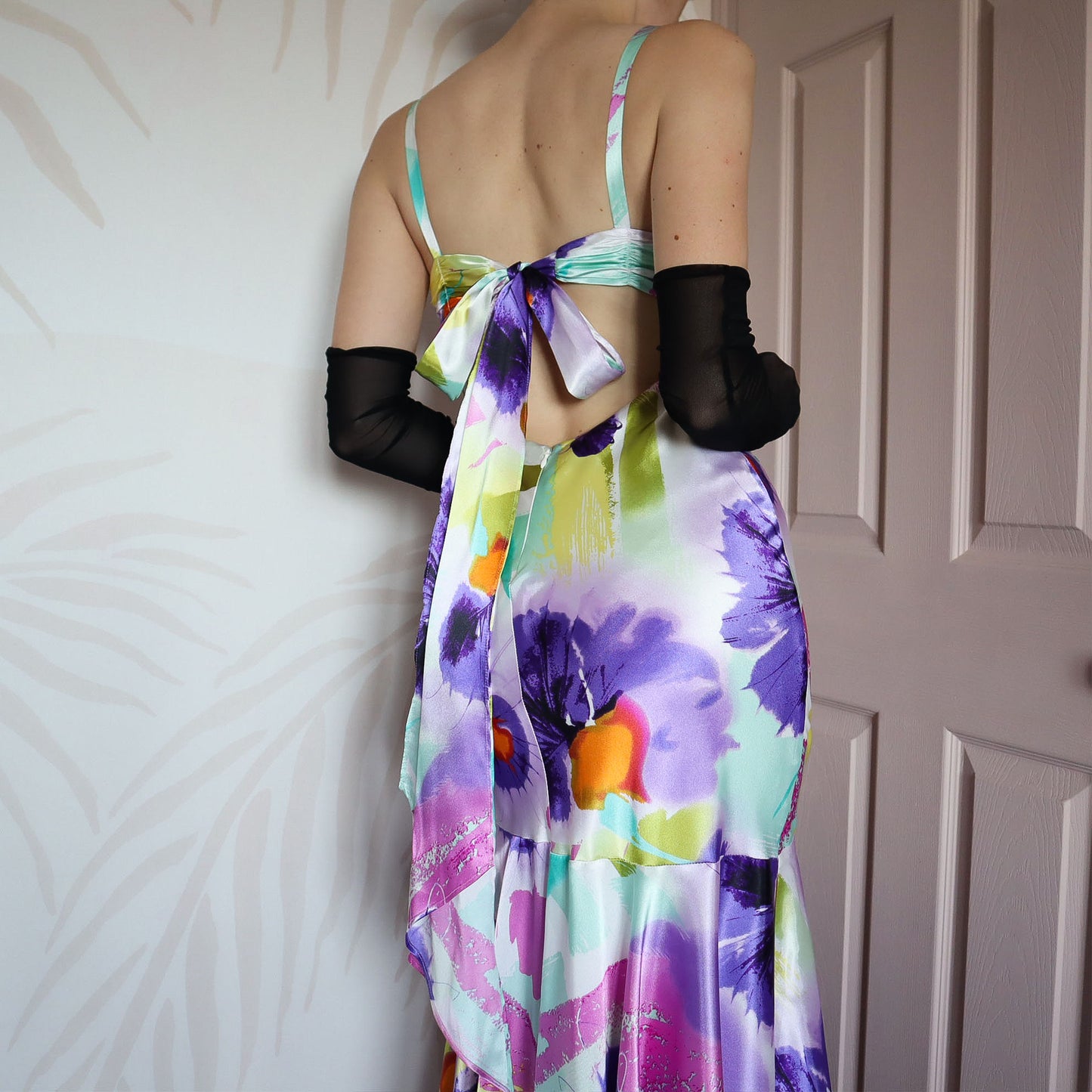 Colourful satin fishtail evening dress UK 14