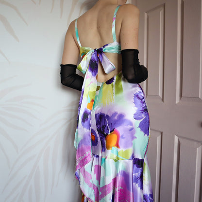 Colourful satin fishtail evening dress UK 14