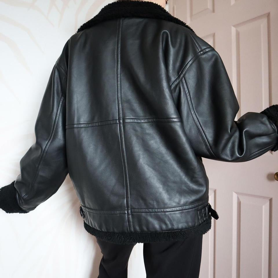 Black faux leather aviator coat UK M