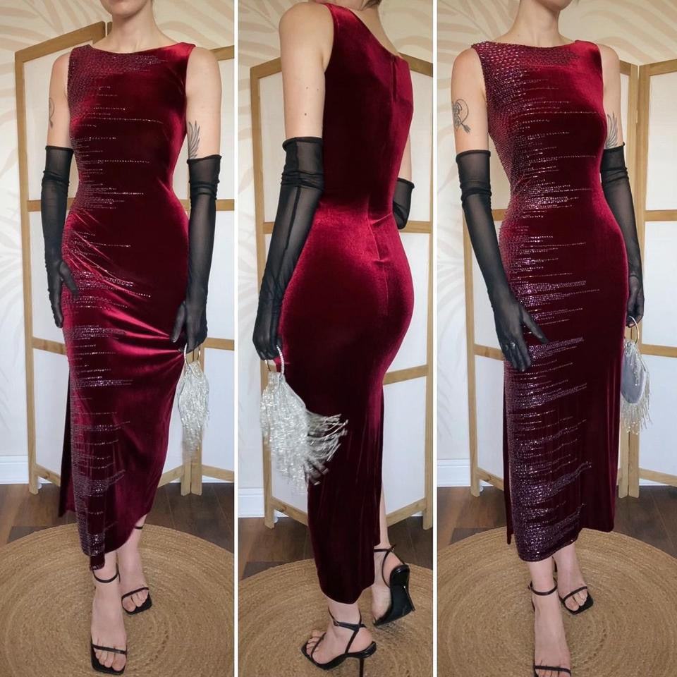 Frank Usher red velvet beaded evening dress uk 12