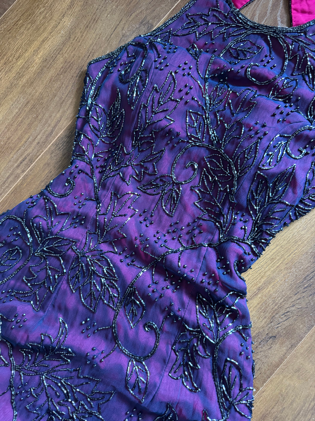 Purple 100% silk beaded evening dress uk 6