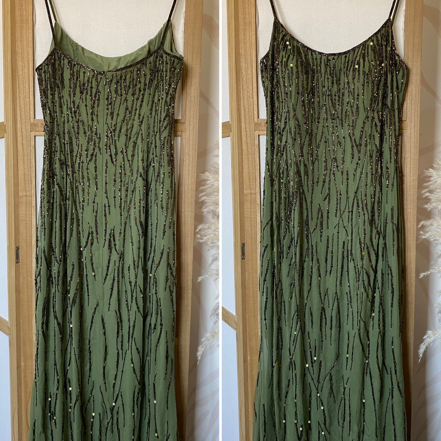 Green pure silk beaded evening dress uk 12