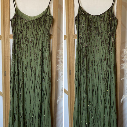 Green pure silk beaded evening dress uk 12