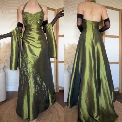Green taffeta halter-neck a line beaded prom dress uk 12