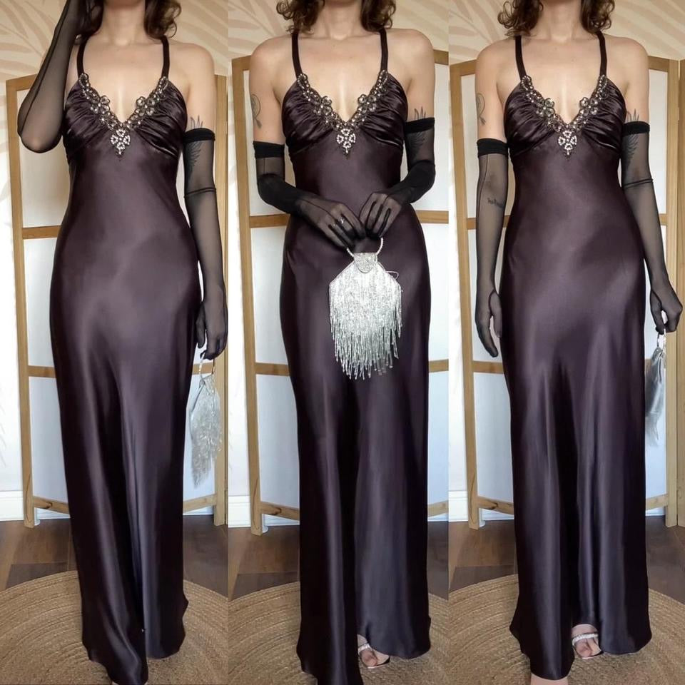 Niki Livas brown satin evening dress uk 10