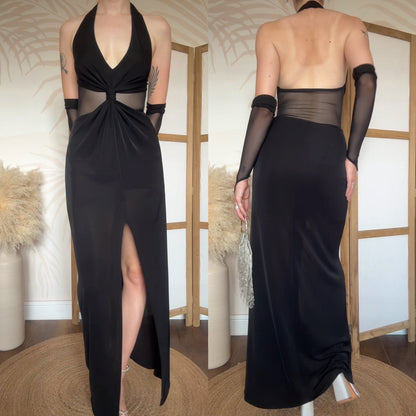 Tadashi black stretch halter-neck evening dress uk 8-10