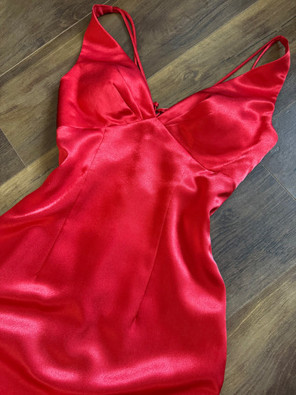 Red satin lace back evening dress uk 8-10