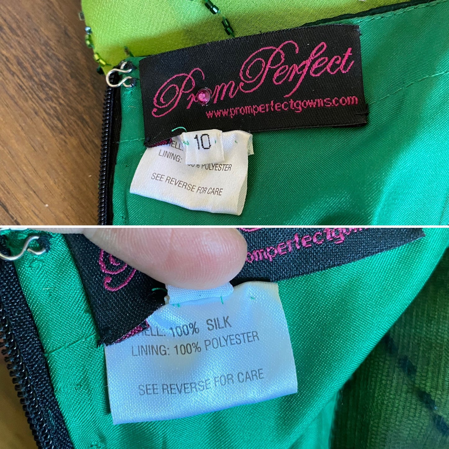 Green pure silk beaded prom dress uk 10