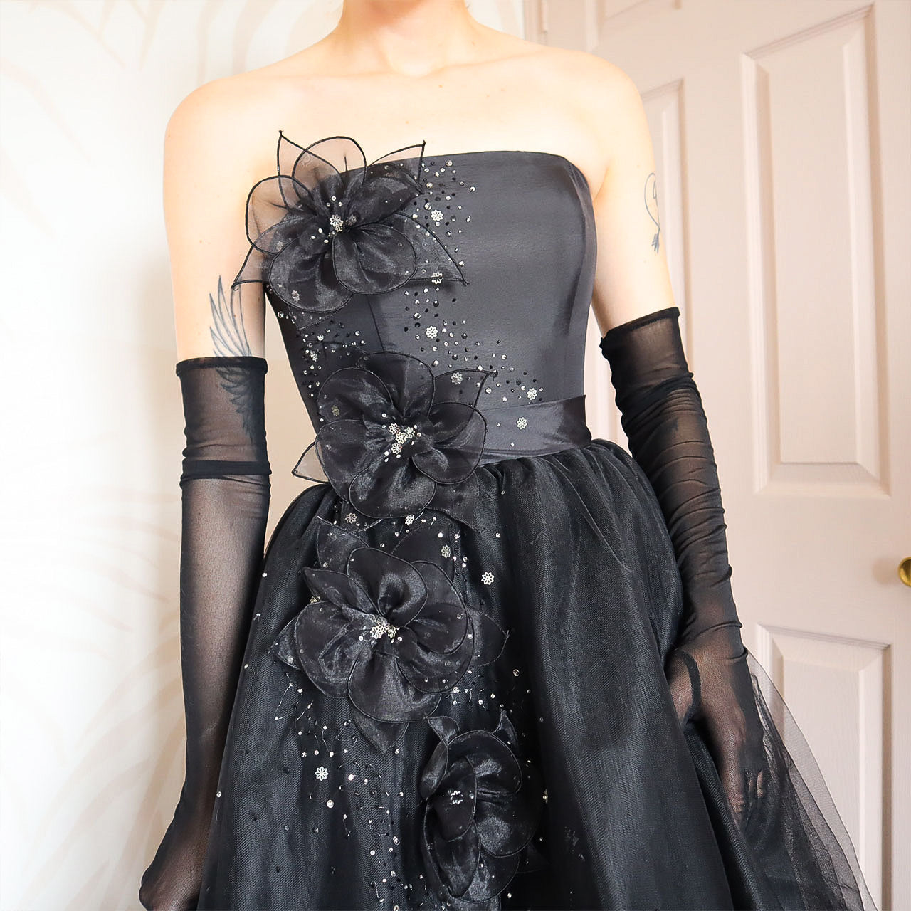 Vintage black Hilary Morgan A-line strapless ball gown prom dress UK 6/8