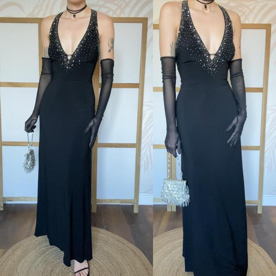 Black stretch 90s beaded evening gown UK 12