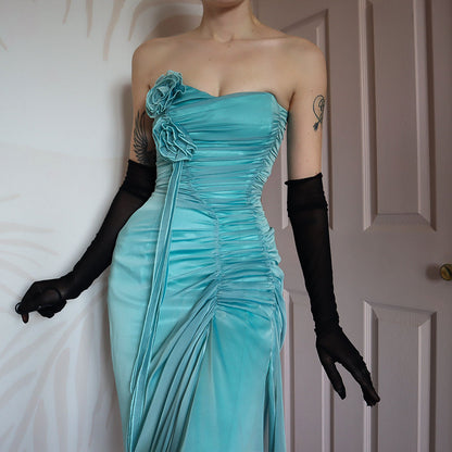 Blue strapless lace up evening midi dress UK 8-10