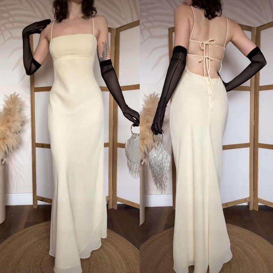 Light yellow Morgan & Co open back prom dress uk 12