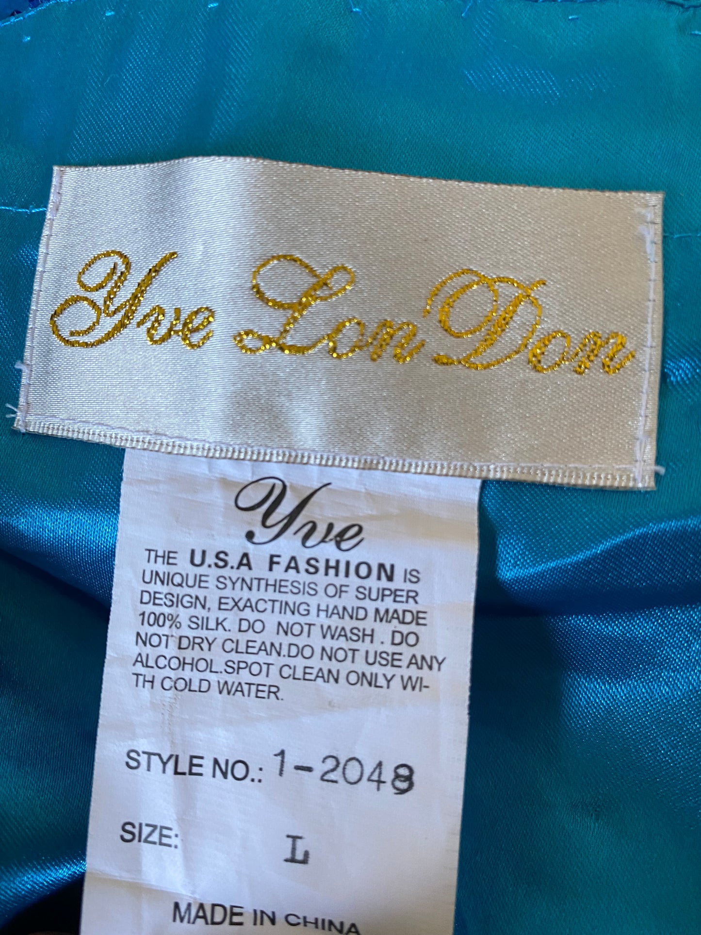 YVE London 100% silk blue beaded gown UK 12