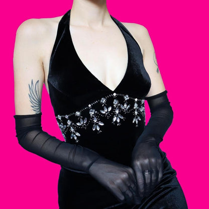 Black velvet halter neck gem evening dress UK 12
