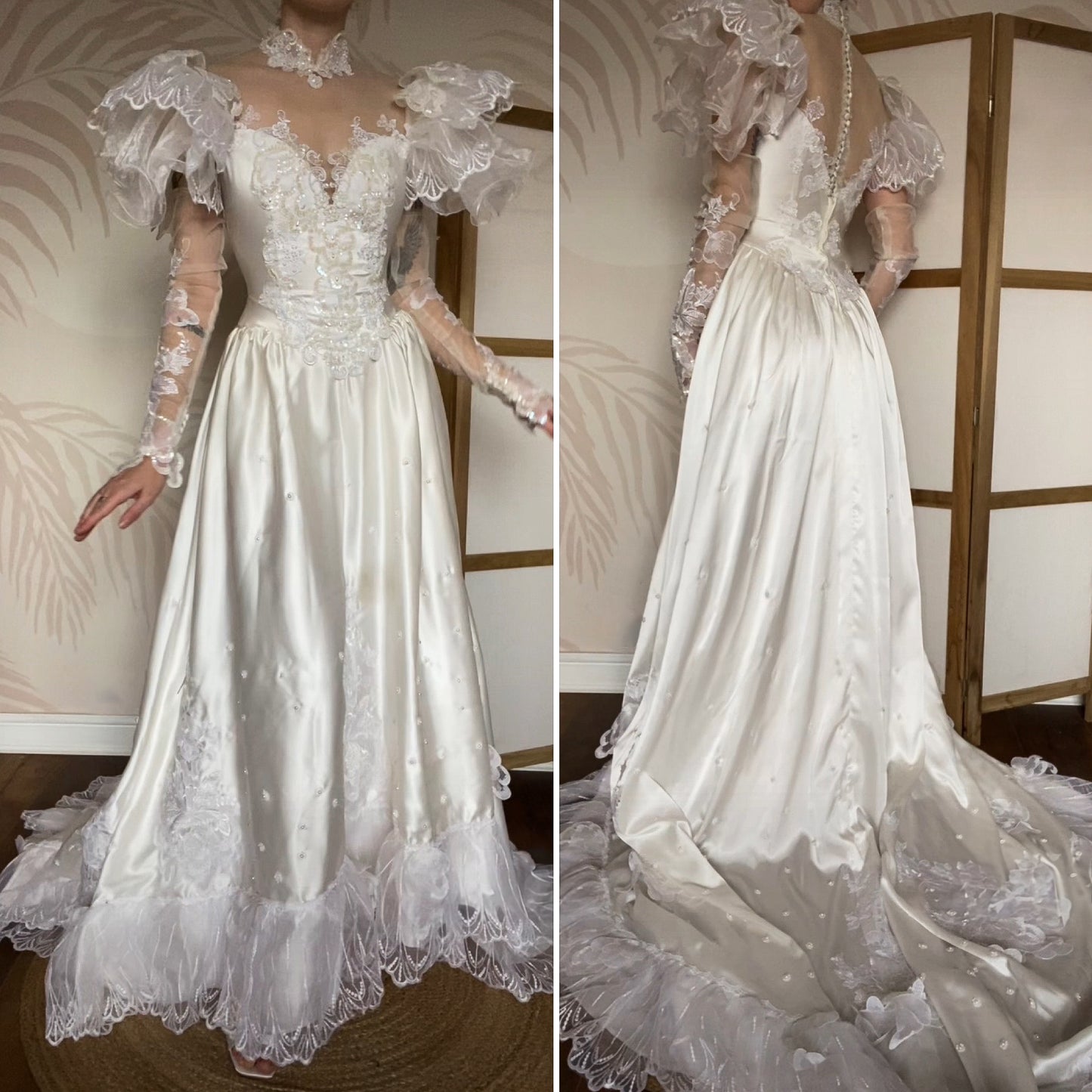 80s lace satin wedding dress with removable sleeves UK 10