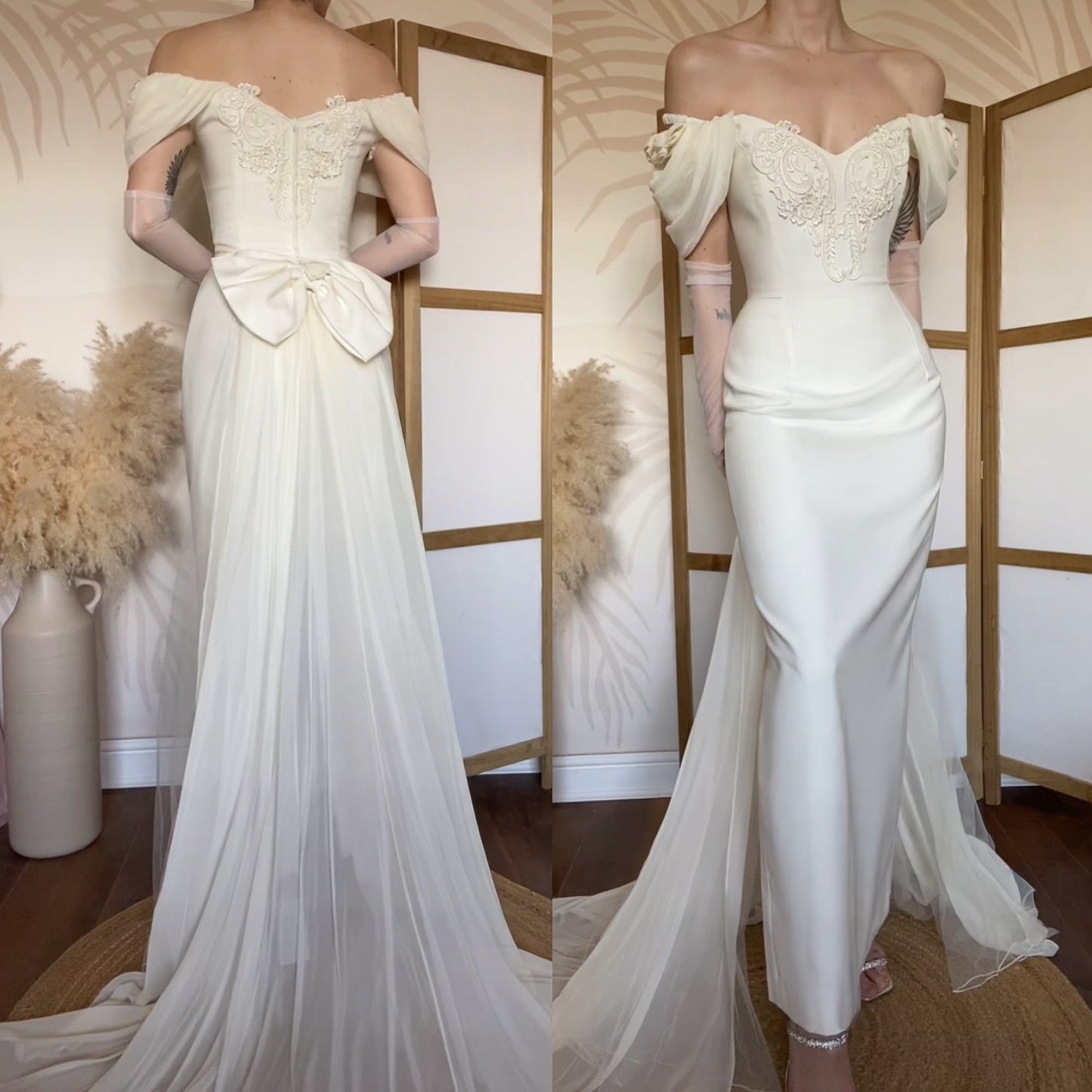 Ivory off shoulder wedding dress with detachable train uk 14