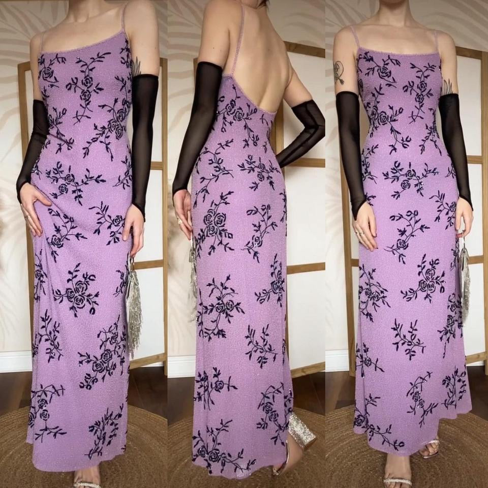 Purple silk beaded floral evening dress UK 14-16